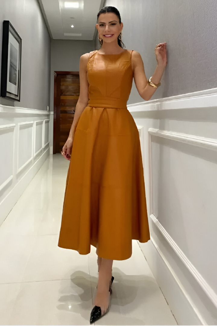 Kira Modern Stylish Leather-Look Dress, view 4 - Elena Harper