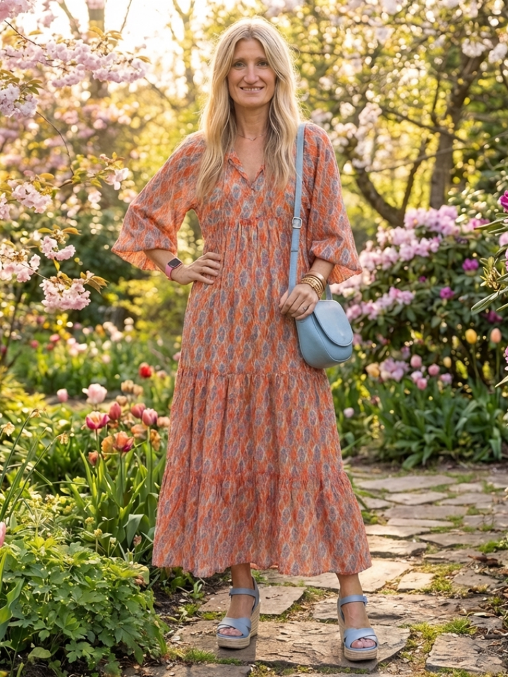 Amara Geometric Print V Neck Tiered Midi Dress - Elena Harper