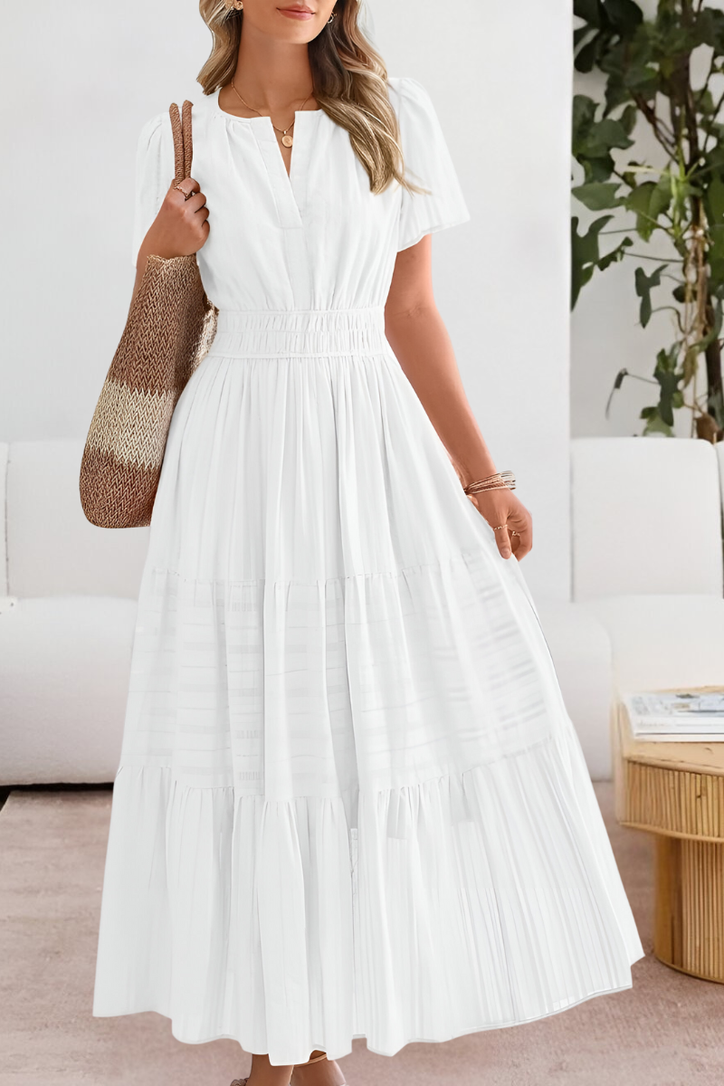 Women's Bohemian Smocked Midi Dress - Short Sleeve Comfort