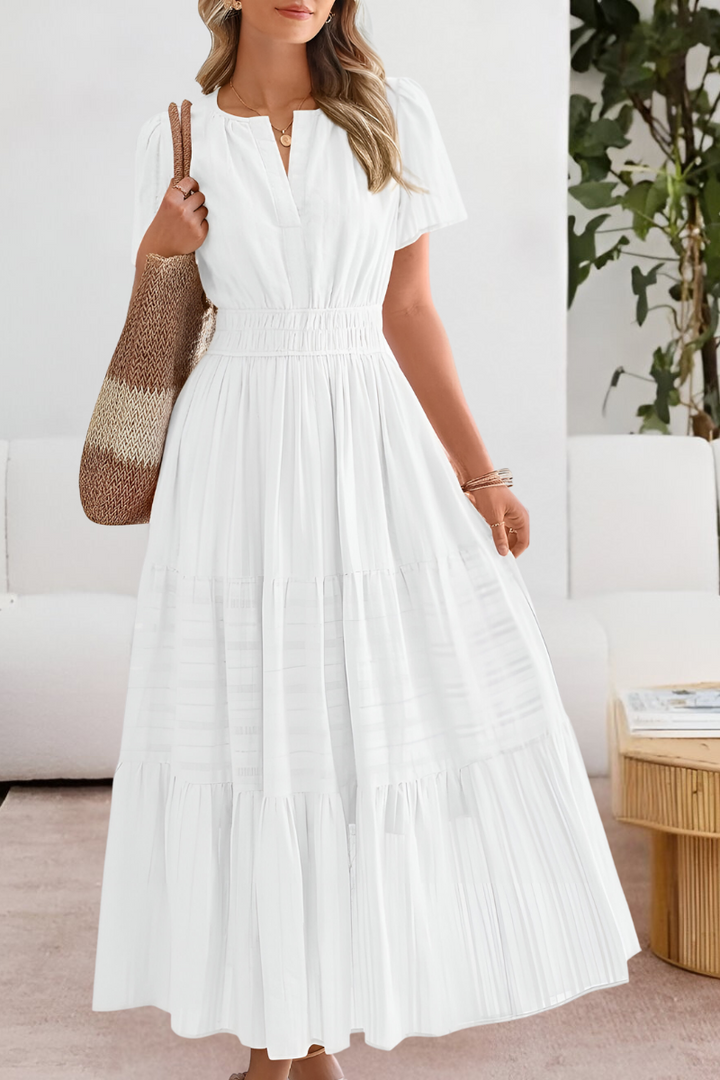 Women's Bohemian Smocked Midi Dress - Short Sleeve Comfort
