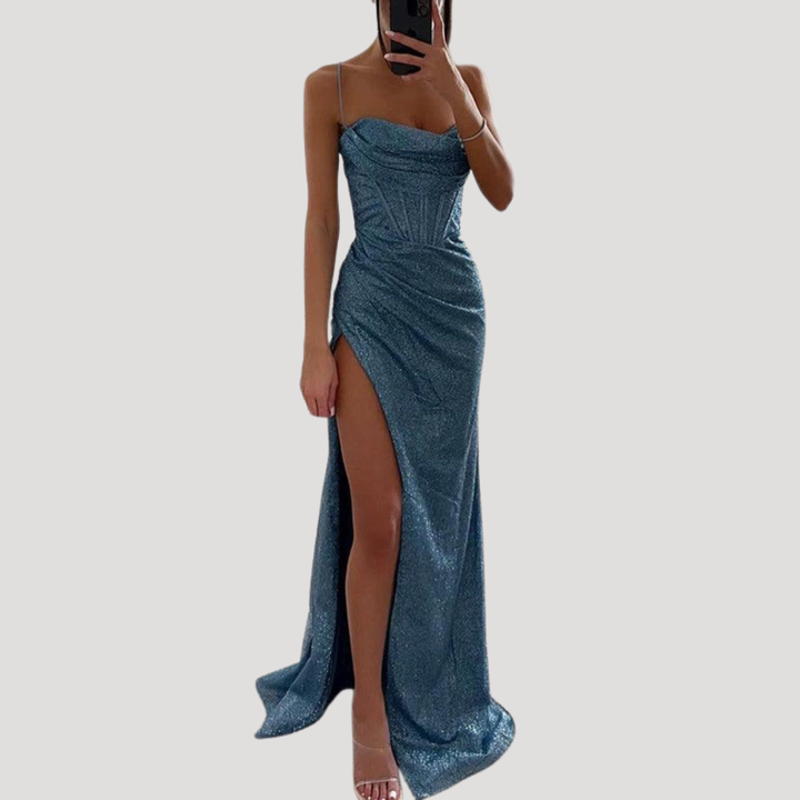 Elegant Long Evening Dress with Slit and Thin Straps