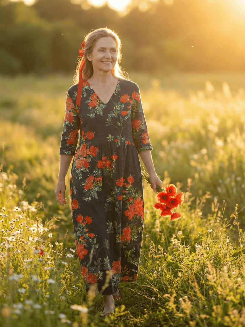 Emma & Rose Cape Town Cyrus™ floral midi dress with draped fabric, featuring a vibrant floral pattern and elegant midi length.
