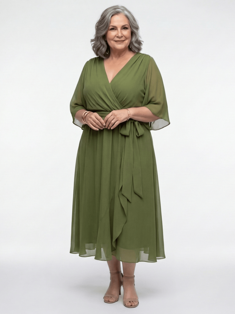 Elysia™ waist tie midi dress by Emma & Rose Cape Town featuring a flowy fabric and elegant waist tie detail.