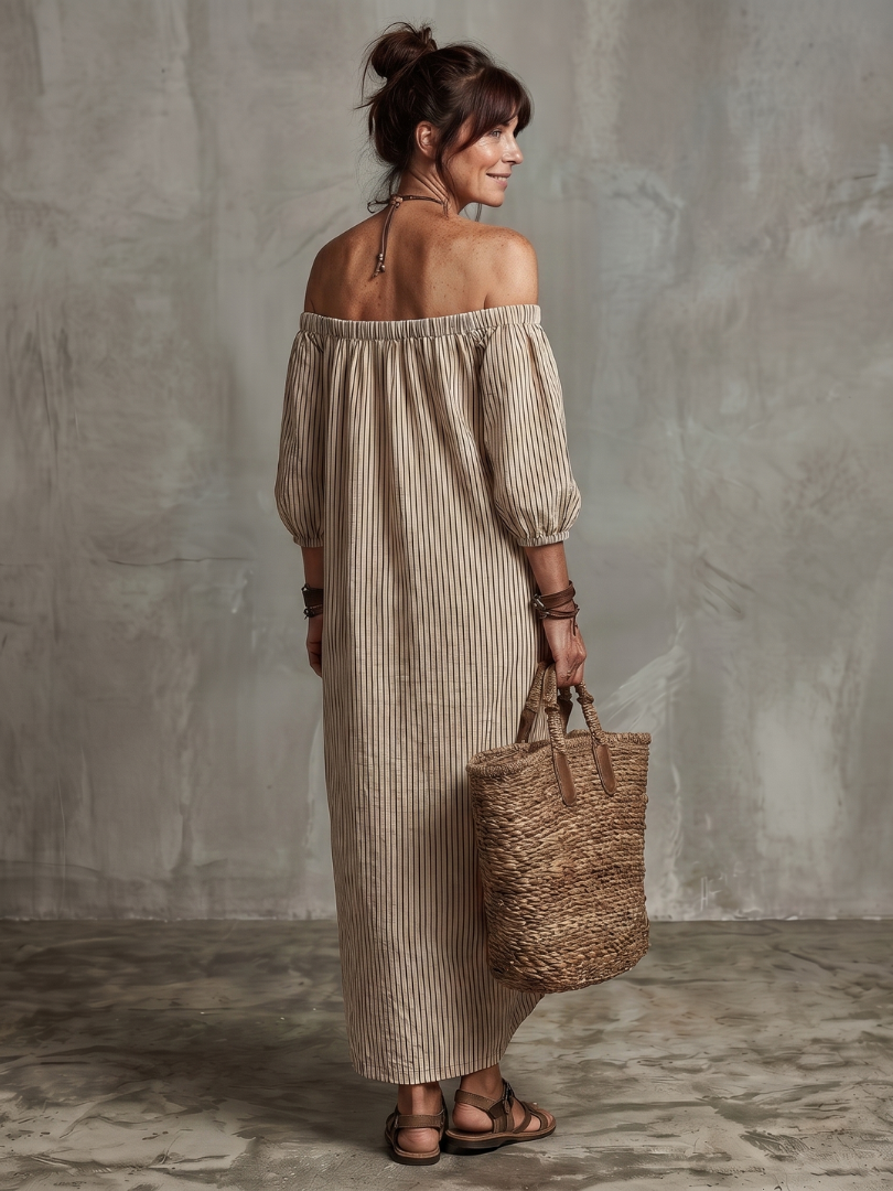 Euphemia Striped Pattern Off Shoulder Maxi Dress - Elena Harper
