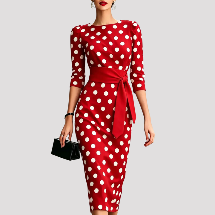 Women's Belted Polka Dot Midi Dress