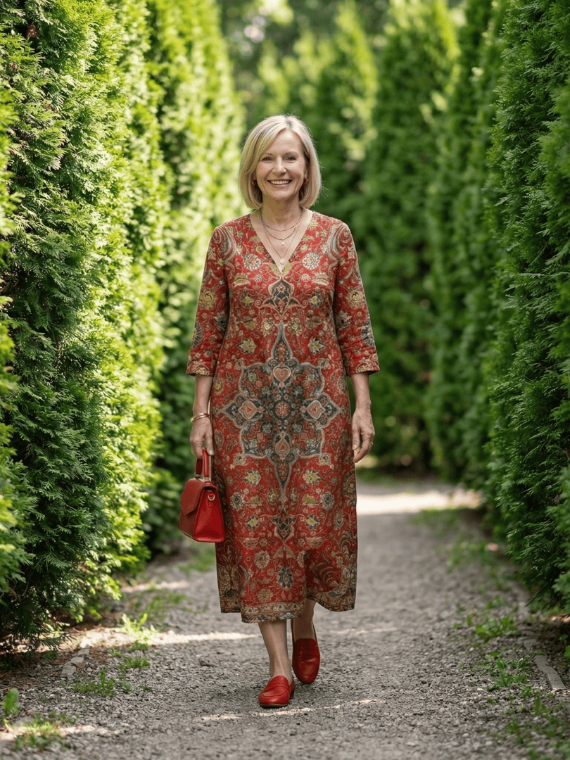 Carter™ Ease Patchwork Midi Dress by Emma & Rose Cape Town, featuring a stylish patchwork design and midi length, displayed on a hanger.