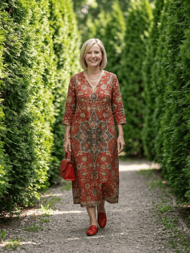 Carter™ Ease Patchwork Midi Dress by Emma & Rose Cape Town, featuring a stylish patchwork design and midi length, displayed on a hanger.