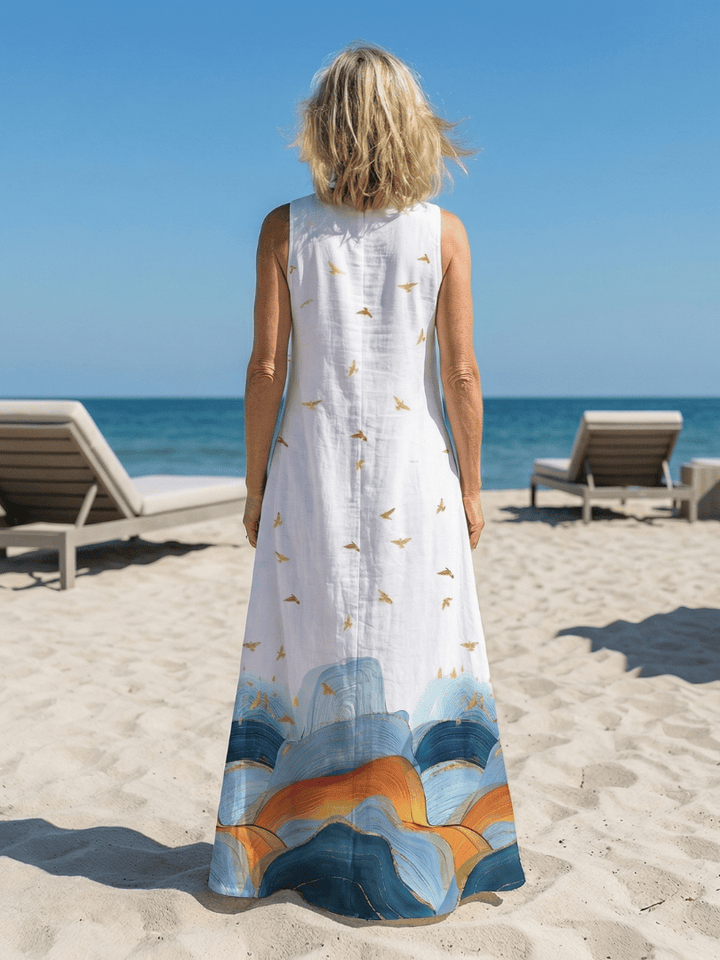 Caelia™ Calm Line maxi dress by Emma & Rose Cape Town, flowing fabric and elegant design, shown in a full-length view.