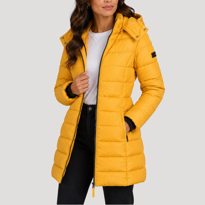 Long Women's Puffer Jacket with Hood and Zipper Closure