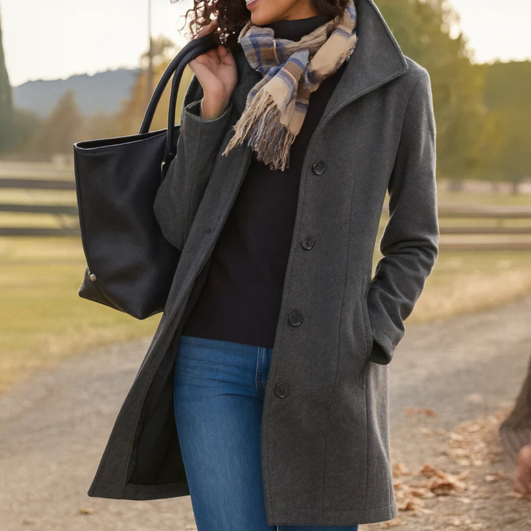 Elegant Long Buttoned Women's Coat with High Collar