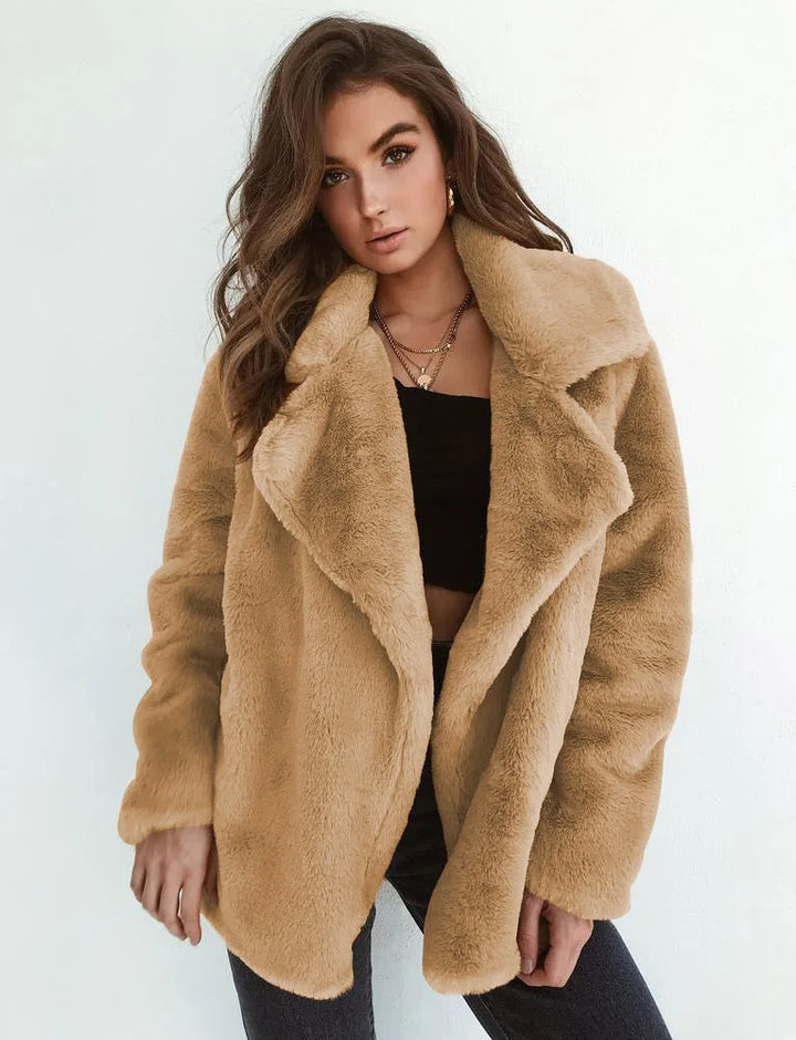 Women's Faux Fur Teddy Jacket with Wide Lapel Collar, view 5 - Elena Harper