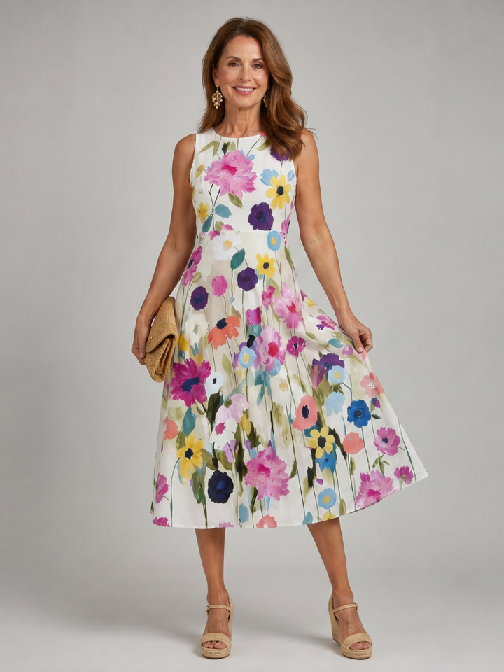 Women's Vibrant Floral Print Sleeveless Midi Dress, view 4 - Elena Harper
