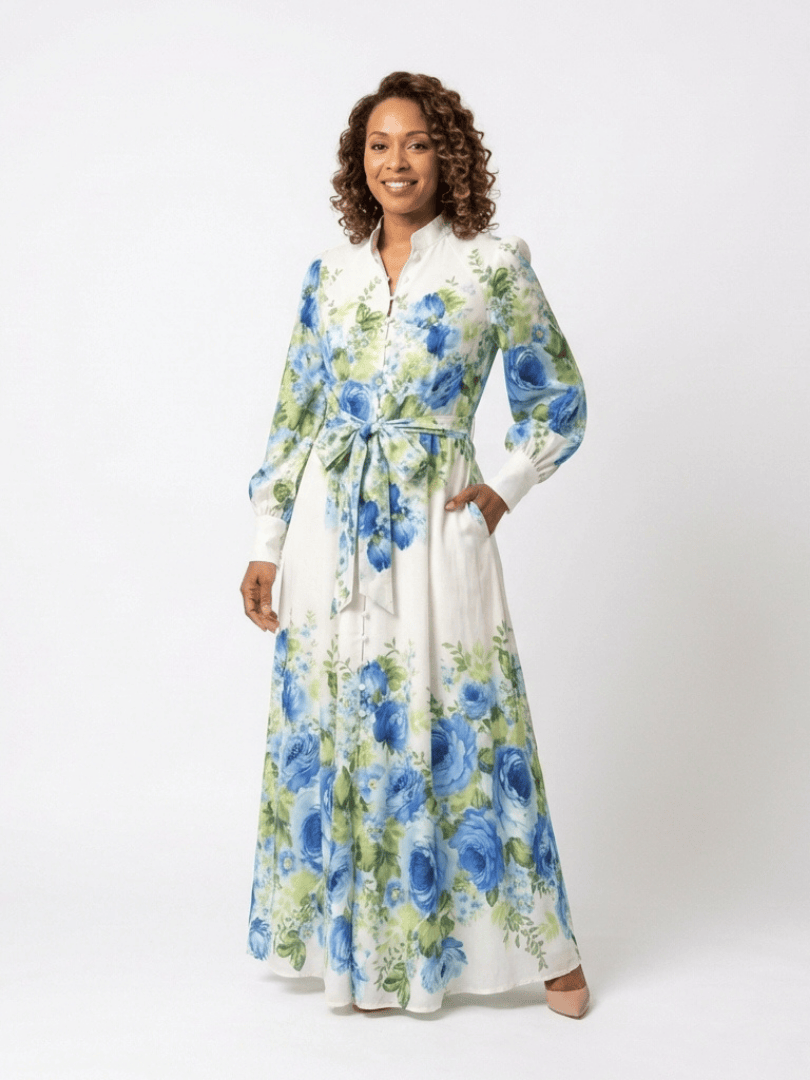 Emma & Rose Cape Town Harper™ button front maxi dress displayed with flowing fabric and a classic button-up design.