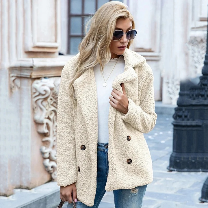 Ladies Teddy Coat Double-Breasted with Wide Lapel Oversized