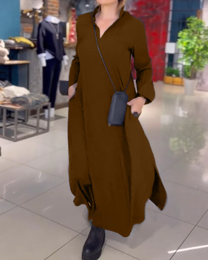Long Soft Autumn Dress with Notched Collar and Side Slit
