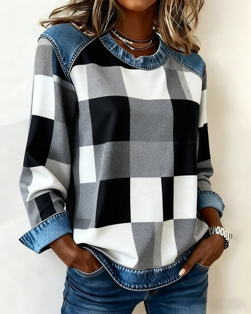 Oriane Sweatshirt with Checkered Patchwork and Contrasting Color, view 10 - Elena Harper