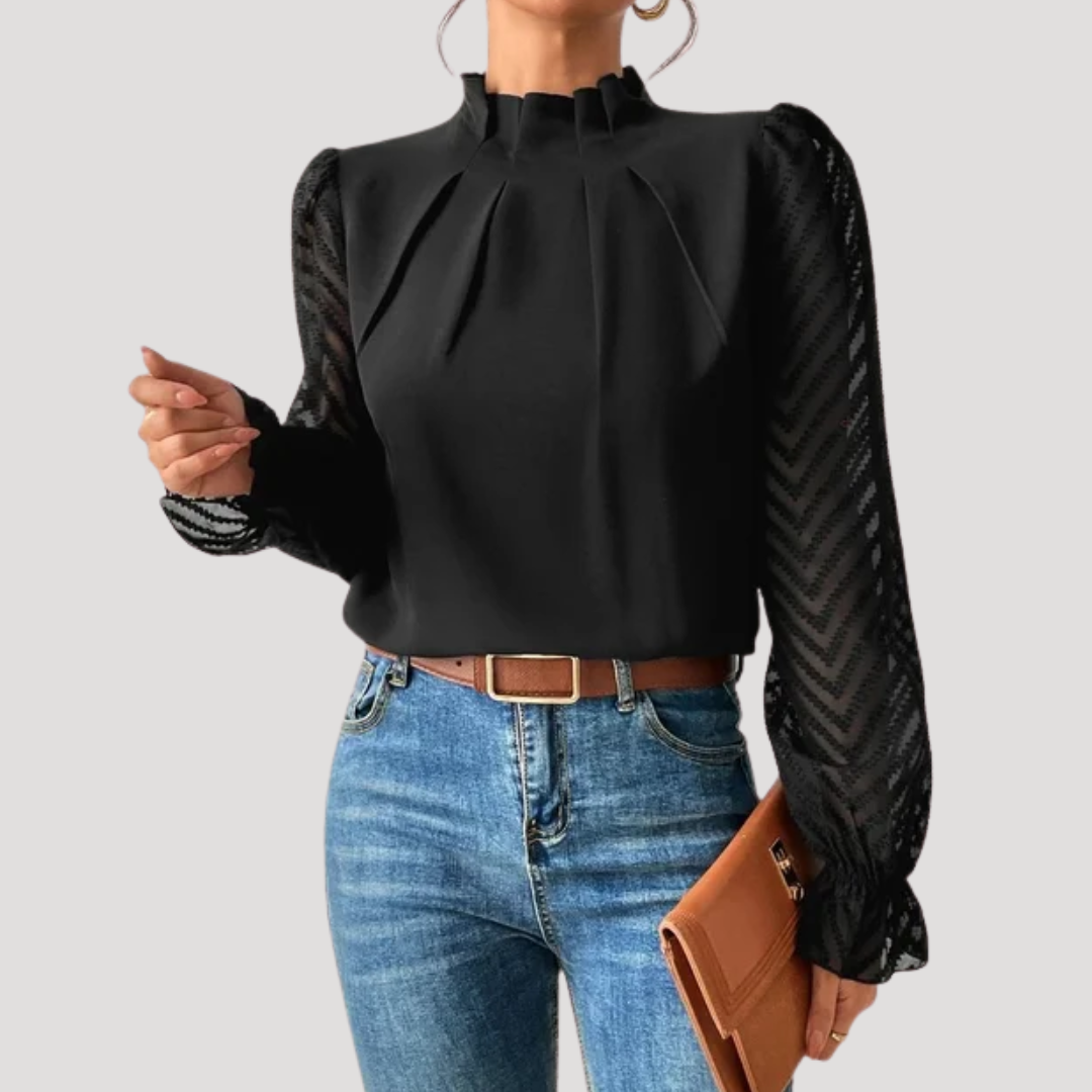 Women's Blouse with High Collar and Sheer Sleeves