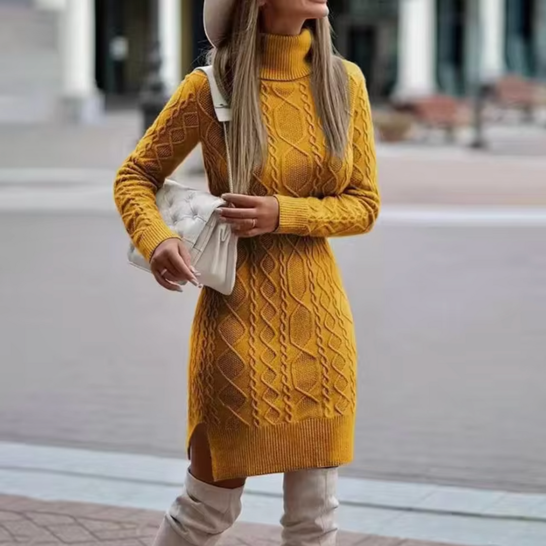 Women's Cable-Knit Turtleneck Sweater Dress with Side Slit
