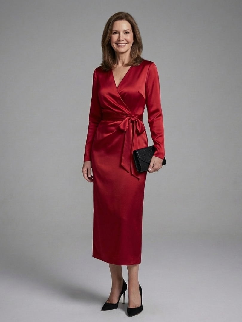 Alouette Long Sleeve Wrap Tie Midi Dress - Elena Harper