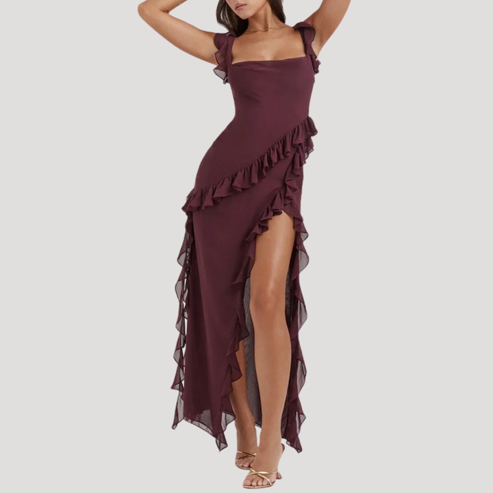 Elegant Long Split Dress with Ruffles