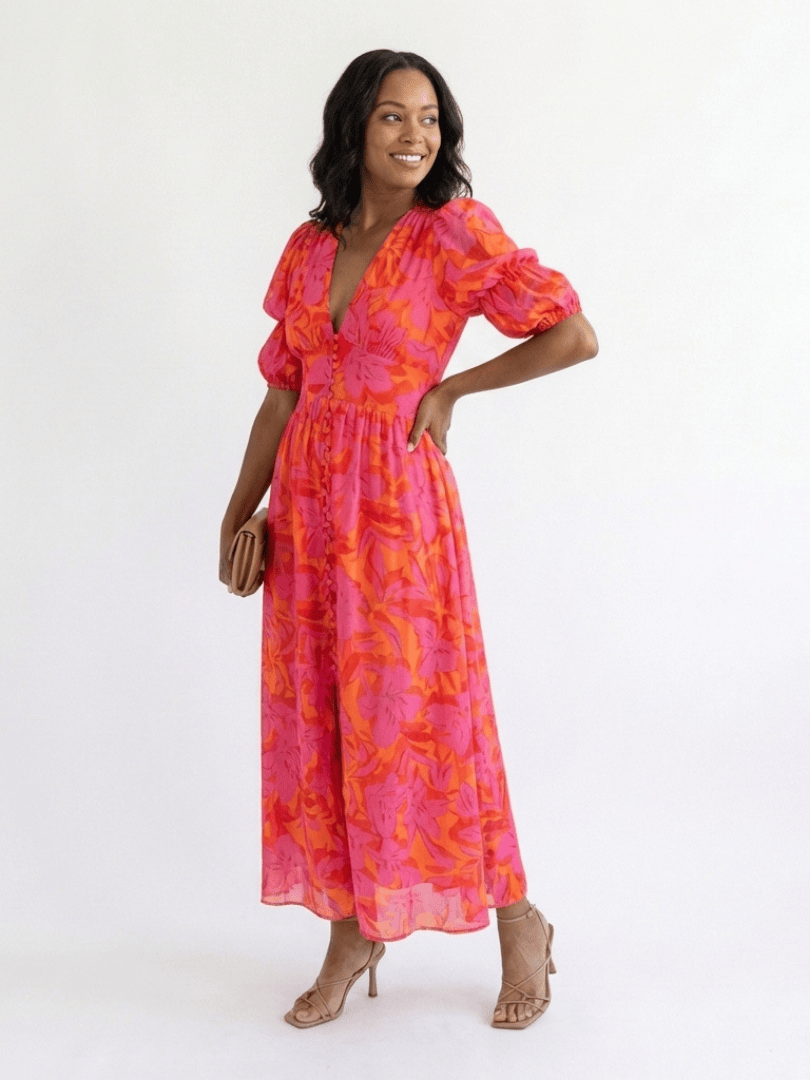 Willow™ Puff Sleeve Midi Dress by Emma & Rose Cape Town, showcasing a stylish dress with puff sleeves and a midi length.