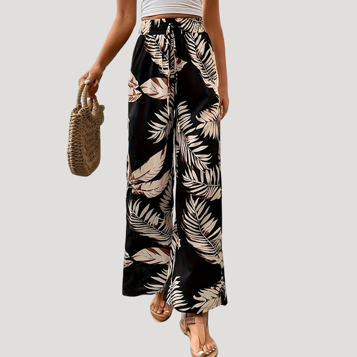 Women's Wide-Leg Tropical Print Pants with Drawstring Waist