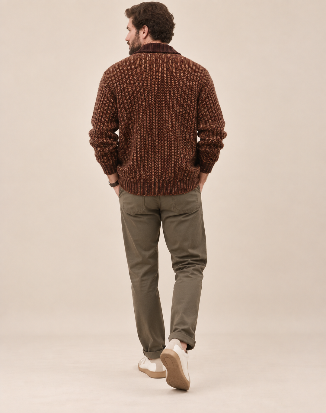 Men's Robust Knitted Cardigan with Shawl Collar and Buttons