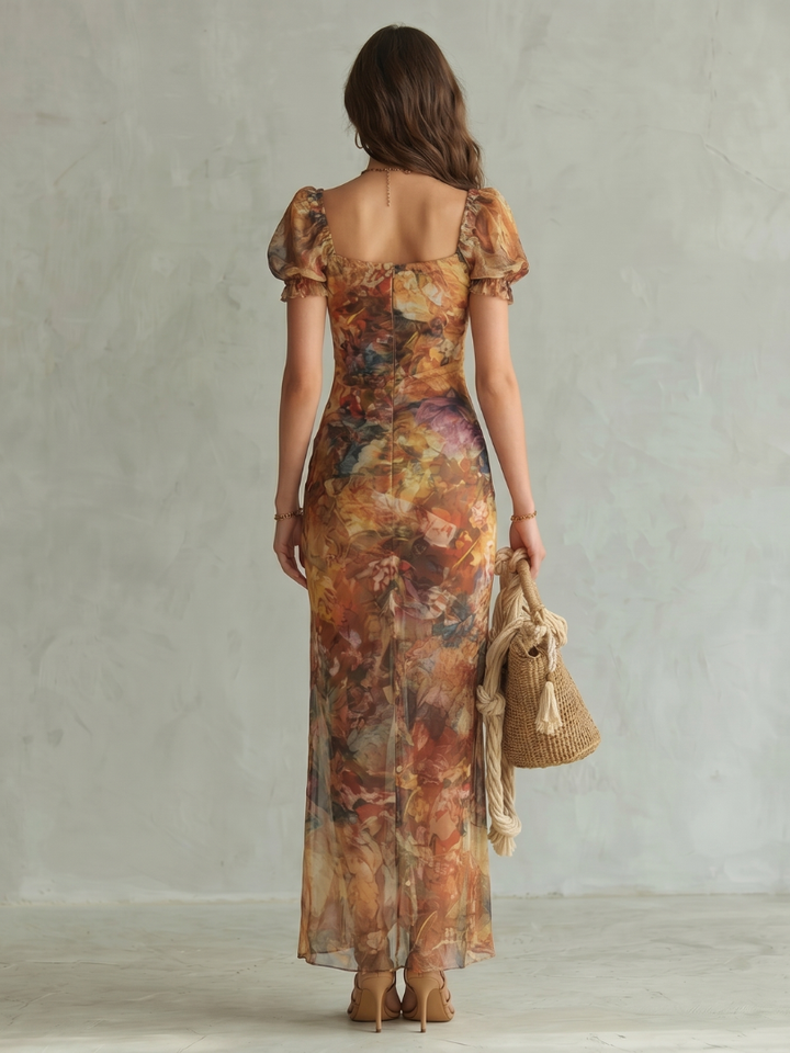 Ciel Ruffled Sleeve Ruched Slit Midi Dress - Elena Harper