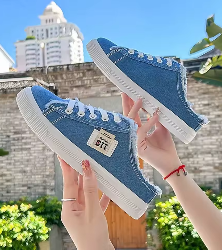 Lily | The New Frayed Denim Fabric Slip-On Sneakers