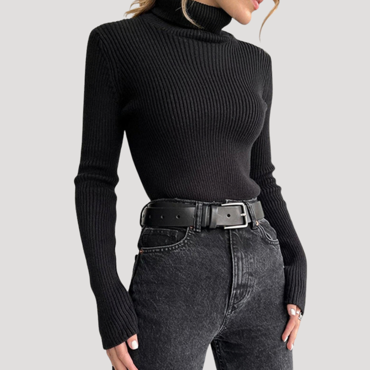 Fitted Women's Sweater with High Neck and Long Sleeves