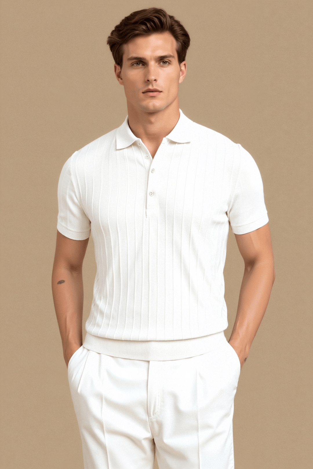 Emma & Rose Manhattan Vertical Striped Button-Up Polo shirt in blue and white, featuring a classic collar and short sleeves.
