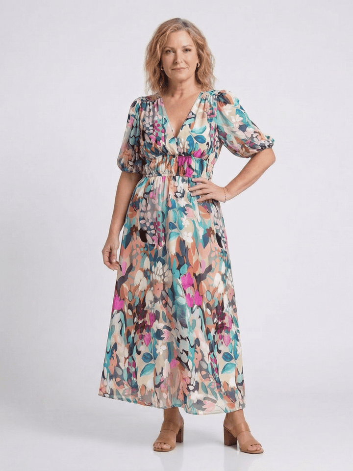 Eulalie™ gathered waist midi dress by Emma & Rose Cape Town, featuring a flowing design and elegant silhouette.