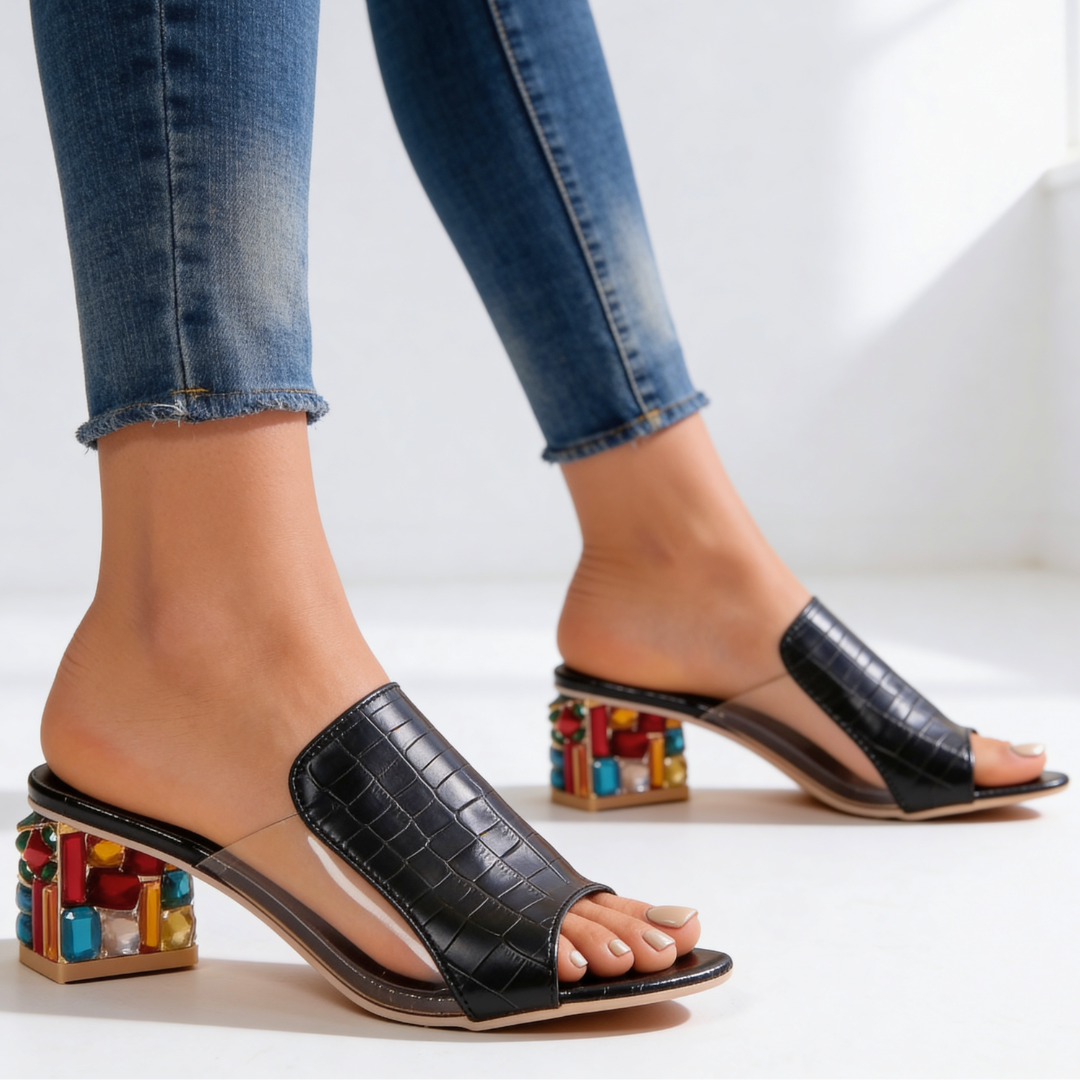 Ladies' Slippers with Rhinestones Block Heel - Peep-Toe Sandals