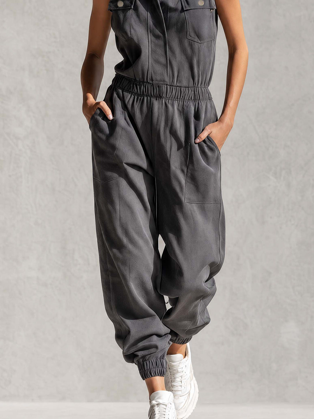 Stylish Simple Loose-fitting Sleeveless Stand-collar Front-buttoned Cotton Gray Jumpsuit