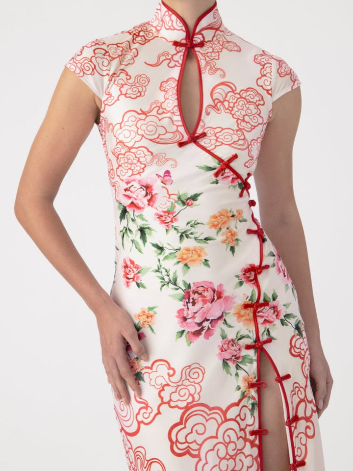 Cloud Peony Print Cheongsam Dress