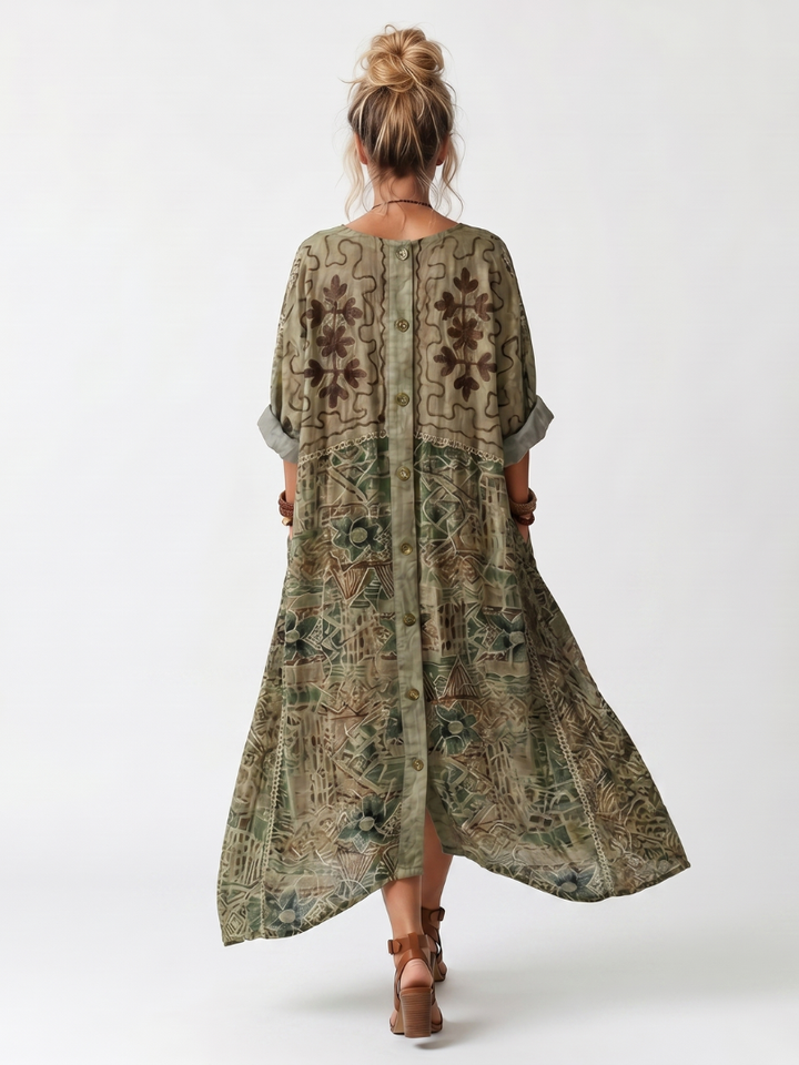 Glyfaith Printed Maxi Dress with Button Placket and Pockets, view 4 - Elena Harper