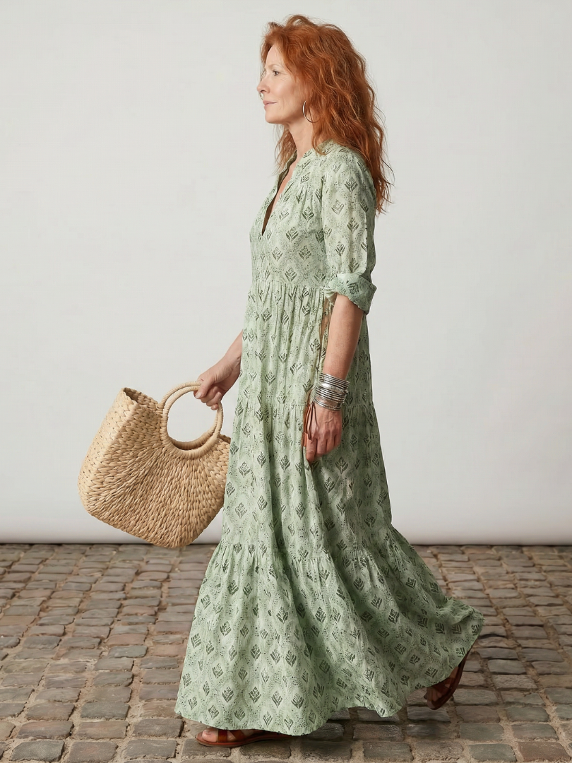 Women's Notch Neck Printed Long Sleeve Maxi Dress, view 2 - Elena Harper