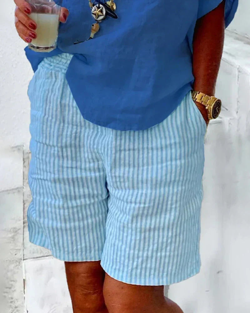 Clara Striped Cotton Shorts, view 2 - Elena Harper