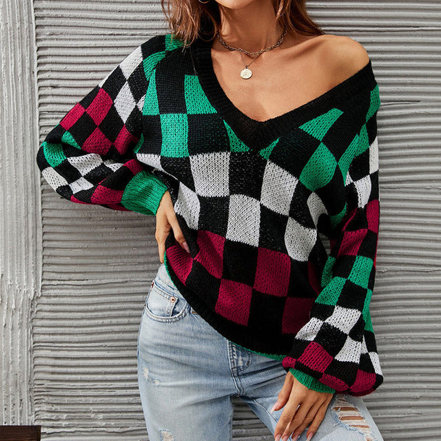 Contrast Color Checked Pullover