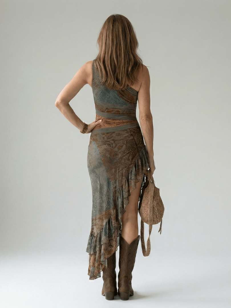 Zalia™ Quiet Drape Midi Dress by Emma & Rose Cape Town, featuring soft fabric, elegant drape, and midi length, shown on a model.