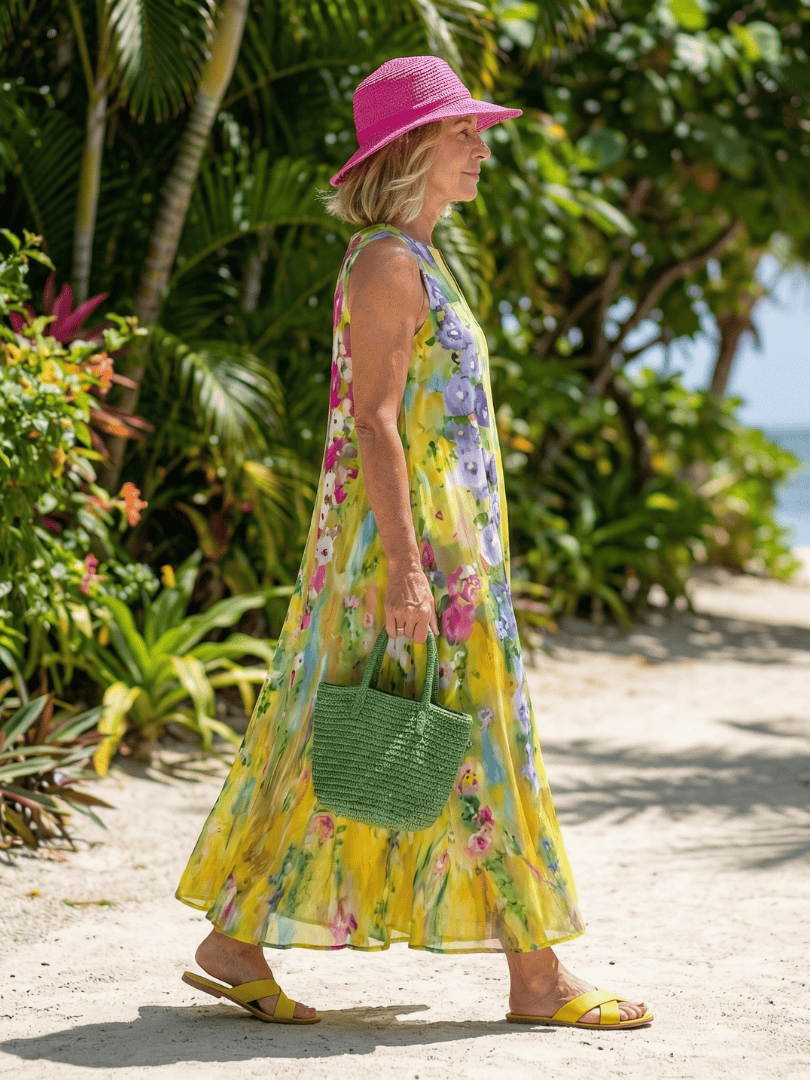 Emma & Rose Cape Town Avira™ Light Flow Maxi Dress with floral print, flowing fabric, and sleeveless design on a model.