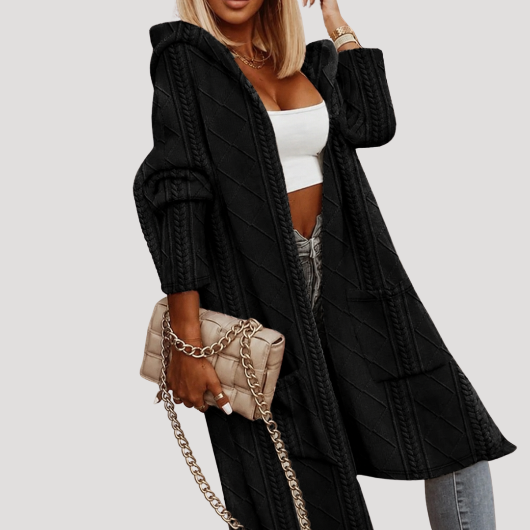 Long Hooded Cardigan for Women in Twisted Knit