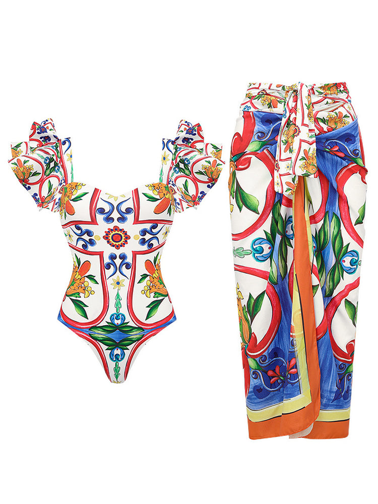 Ruffle Enamel Floral Bikini Swimsuit Set