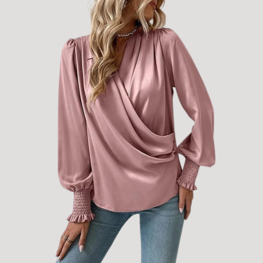 Elegant Women's Wrap Blouse with Puff Sleeves