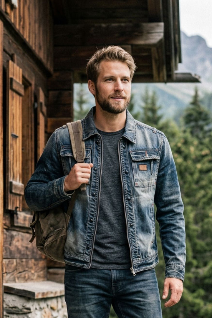 Men's Casual Jacket in Trucker Style Button Placket & Chest Pockets, view 4 - Elena Harper