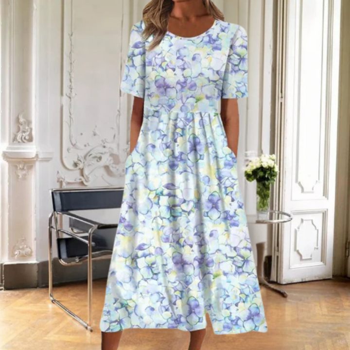 Women's Floral Midi Dress - Short Sleeve Round Neck