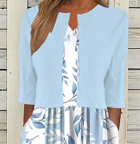Unique Blue Plant Print Midi Dress With Jacket - Elena Harper