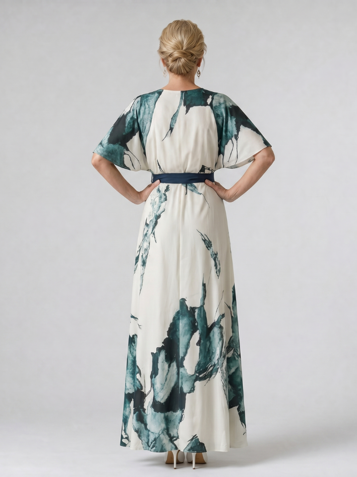 Women's Abstract Belted Flutter Sleeve Maxi Dress