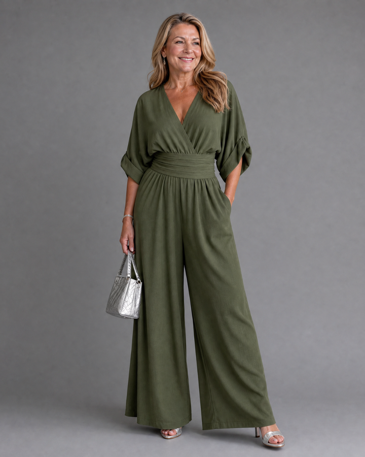 Emene Draped V Neck Wide Leg Relaxed Jumpsuit - Elena Harper