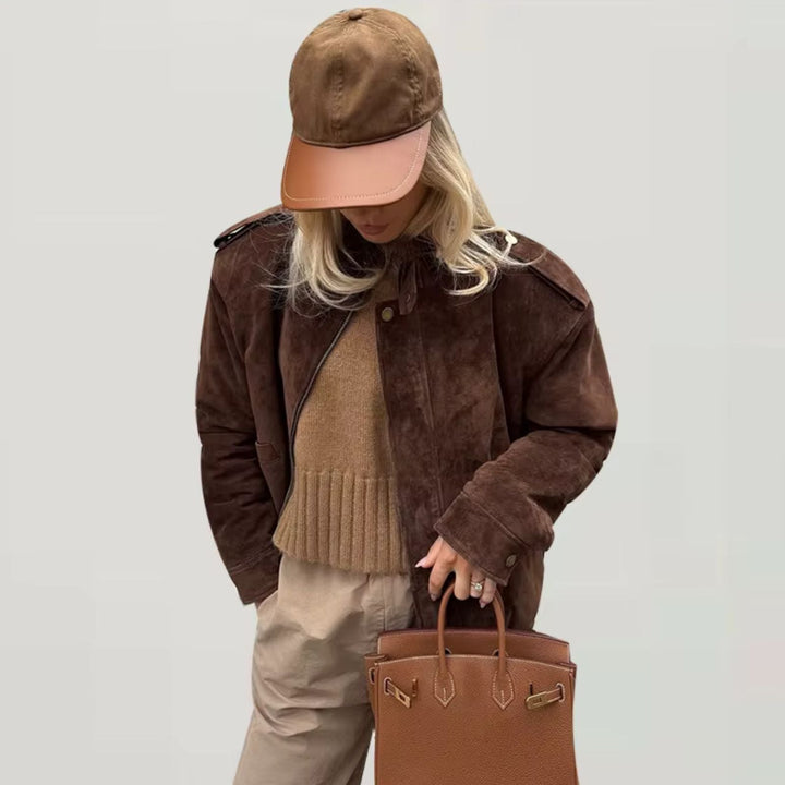 Oversized women's jacket with suede effect, loose fit, modern mid-season style